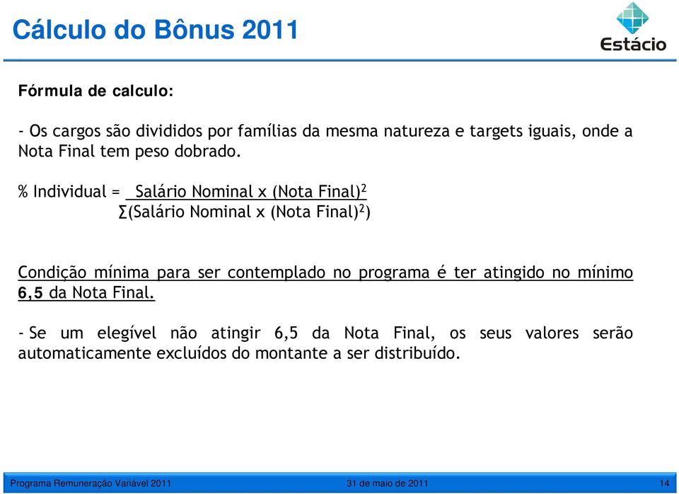 % Individual = Salário Nominal x (Nota Final) 2 (Salário Nominal x (Nota Final) 2 ) Condição mínima para ser