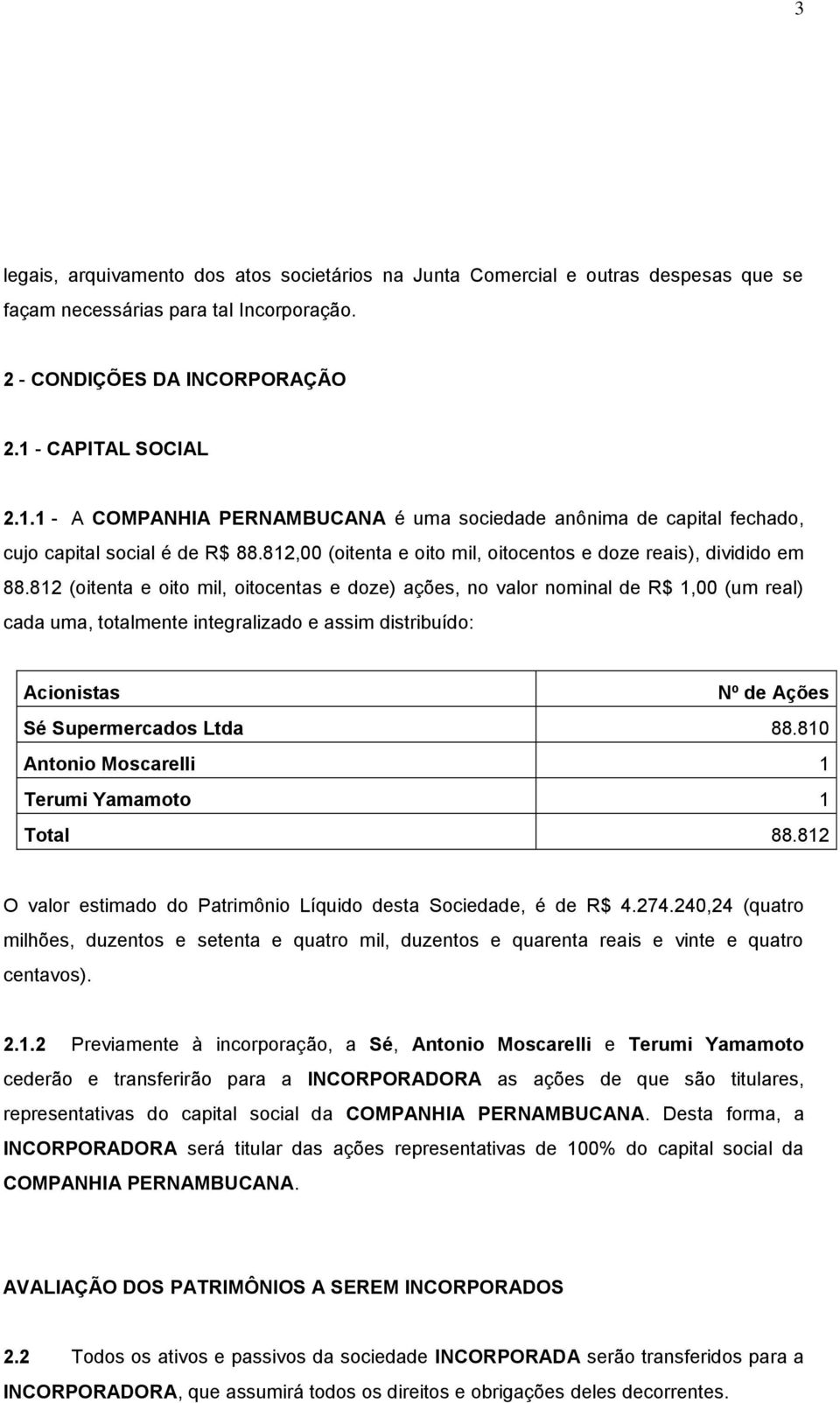 812 (oitenta e oito mil, oitocentas e doze) ações, no valor nominal de R$ 1,00 (um real) cada uma, totalmente integralizado e assim distribuído: Acionistas Nº de Ações Sé Supermercados Ltda 88.