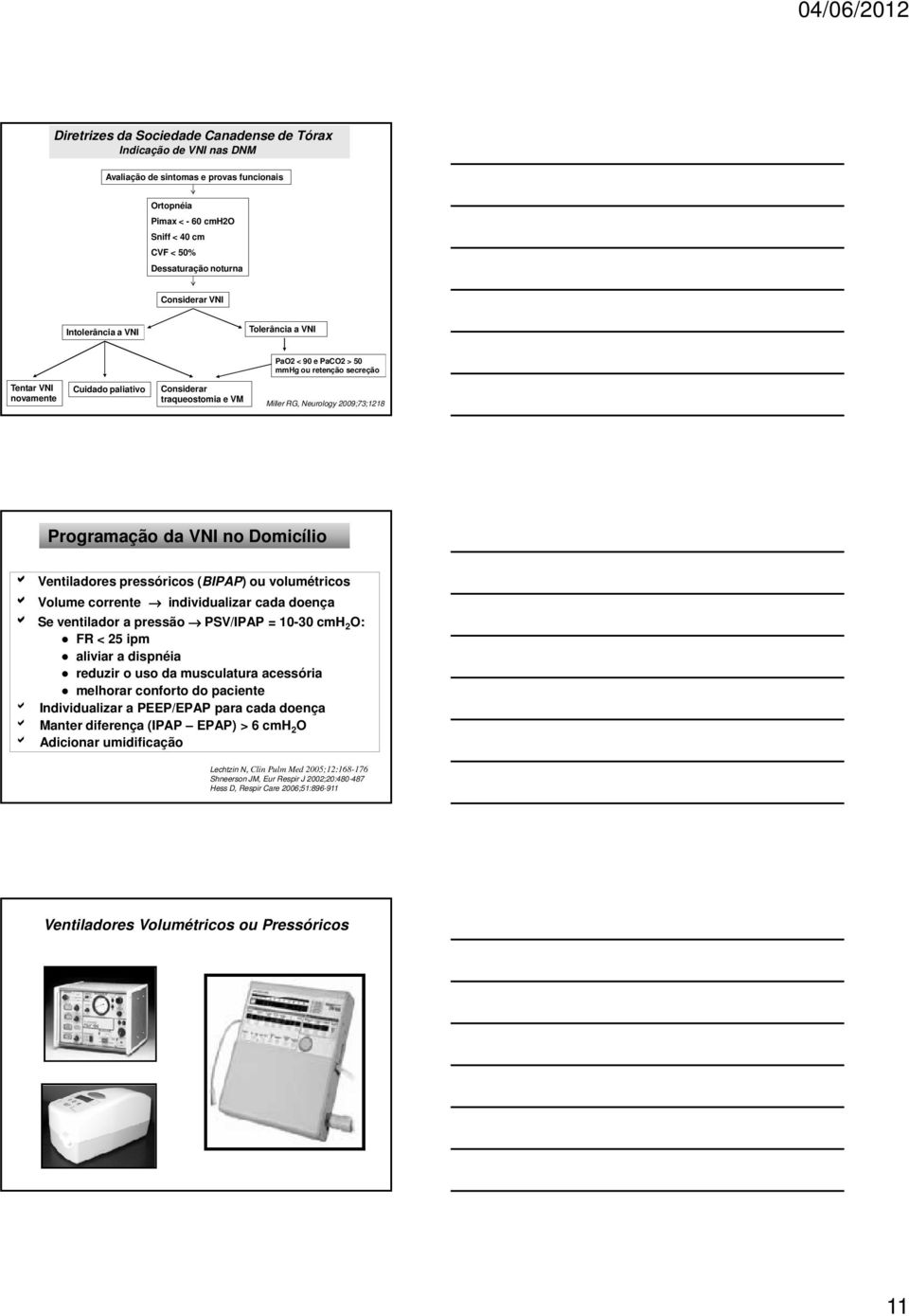 da VNI no Domicílio b Ventiladores pressóricos (BIPAP) ou volumétricos b Volume corrente individualizar cada doença b Se ventilador a pressão PSV/IPAP = 10-30 cmh 2 O: FR < 25 ipm aliviar a dispnéia