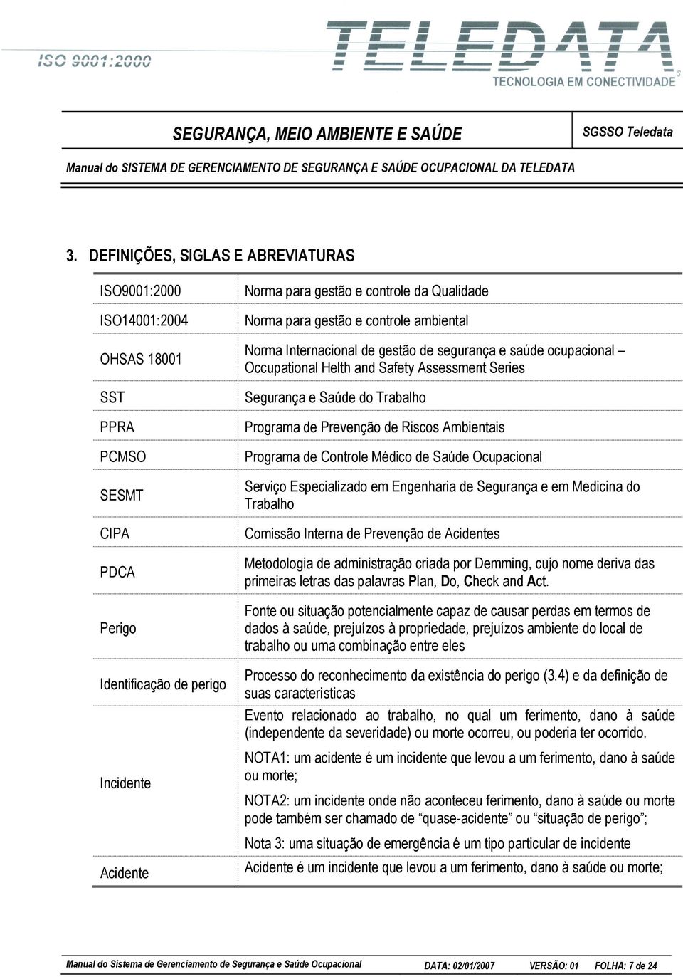 Riscos Ambientais Programa de Controle Médico de Saúde Ocupacional Serviço Especializado em Engenharia de Segurança e em Medicina do Trabalho Comissão Interna de Prevenção de Acidentes Metodologia de