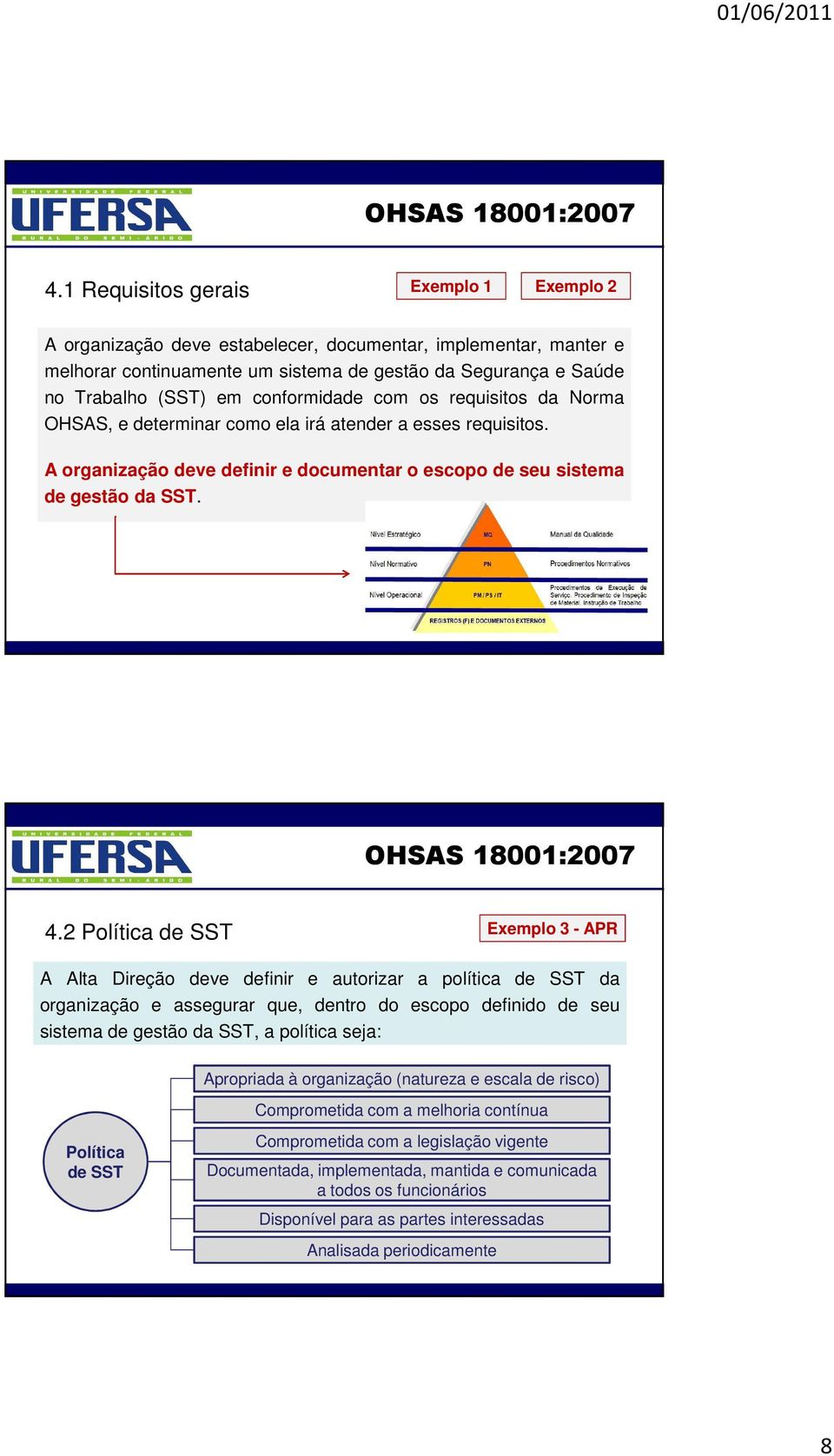 2 Política de SST Exemplo 3 - APR A Alta Direção deve definir e autorizar a política de SST da organização e assegurar que, dentro do escopo definido de seu sistema de gestão da SST, a política seja: