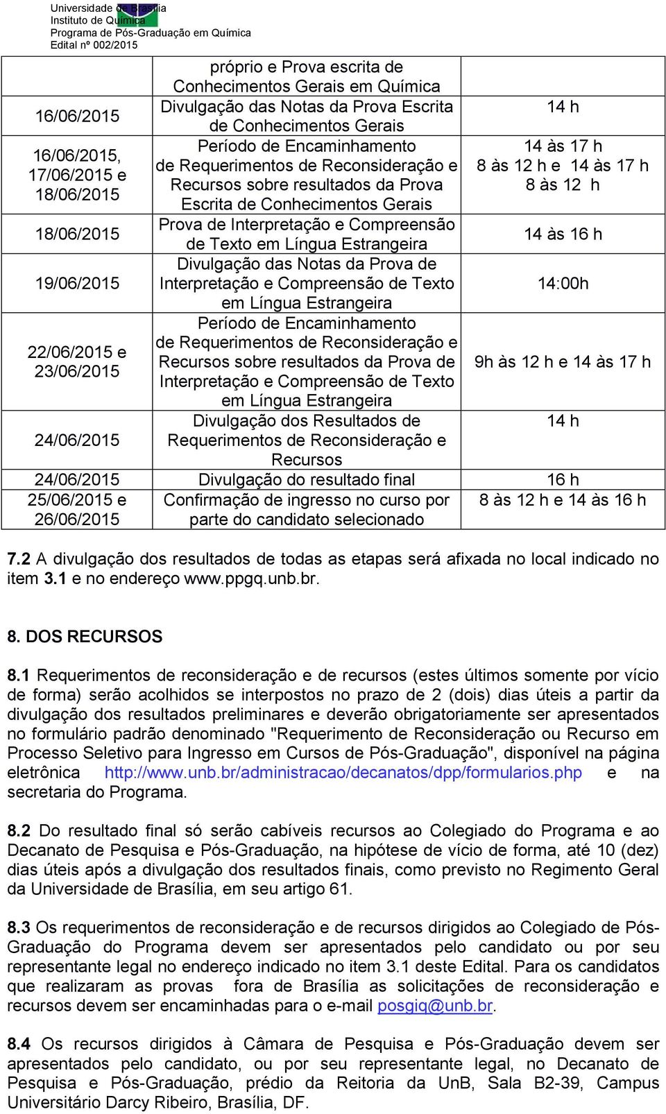 Compreensão de Texto em Língua Estrangeira 14 às 16 h 19/06/2015 Divulgação das Notas da Prova de Interpretação e Compreensão de Texto 14:00h em Língua Estrangeira Período de Encaminhamento de