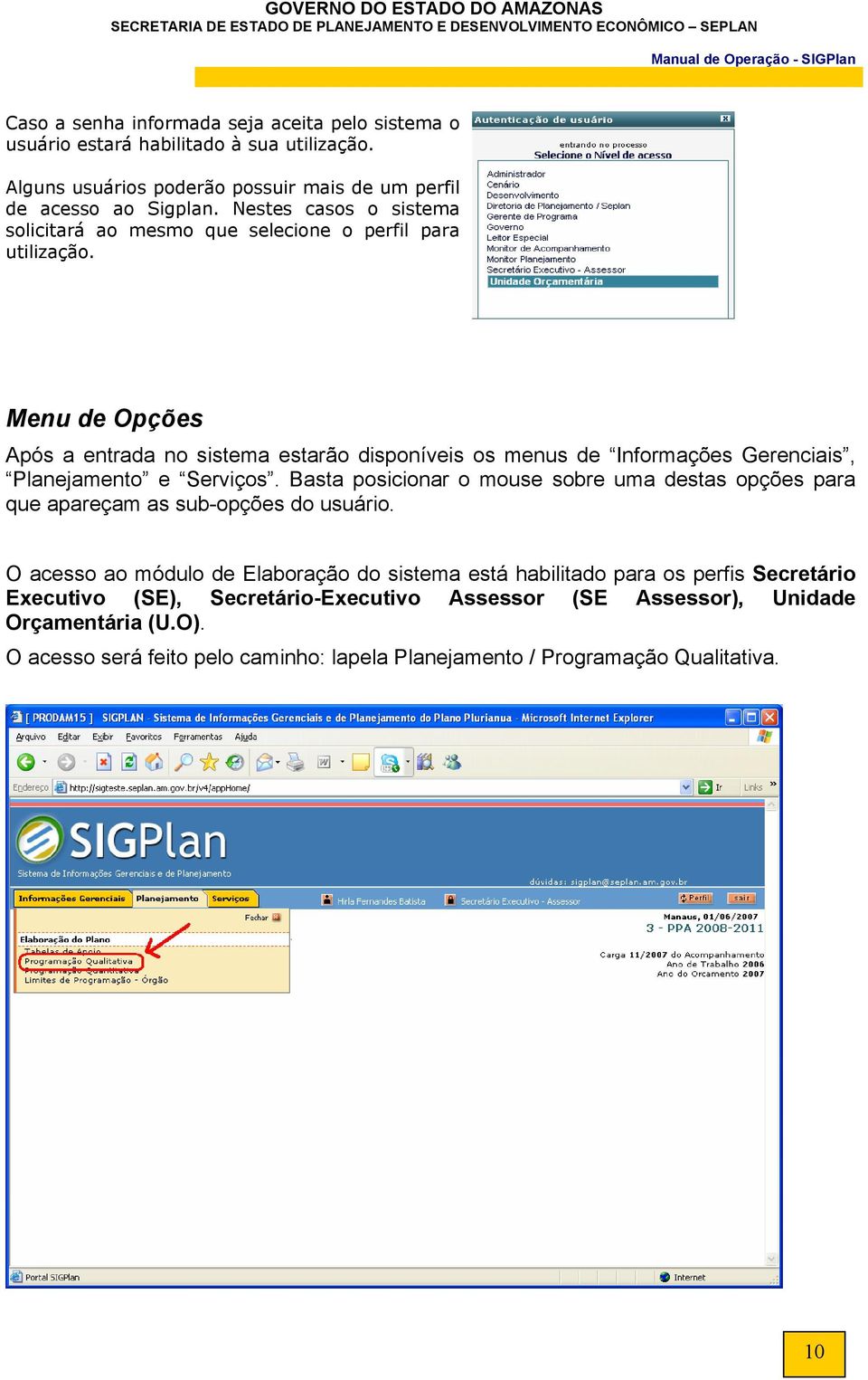 Menu de Opções Após a entrada no sistema estarão disponíveis os menus de Informações Gerenciais, Planejamento e Serviços.