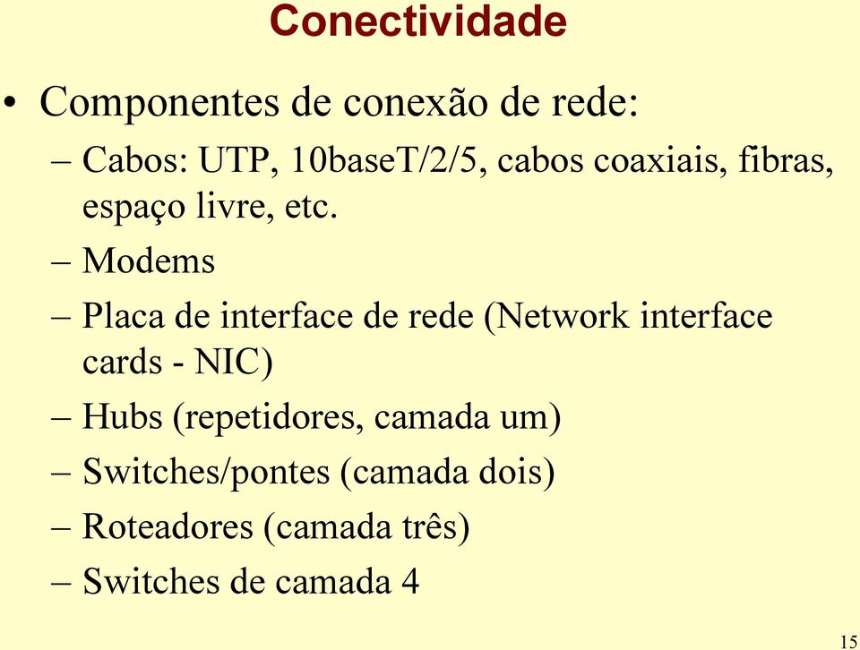 Modems Placa de interface de rede (Network interface cards - NIC) Hubs