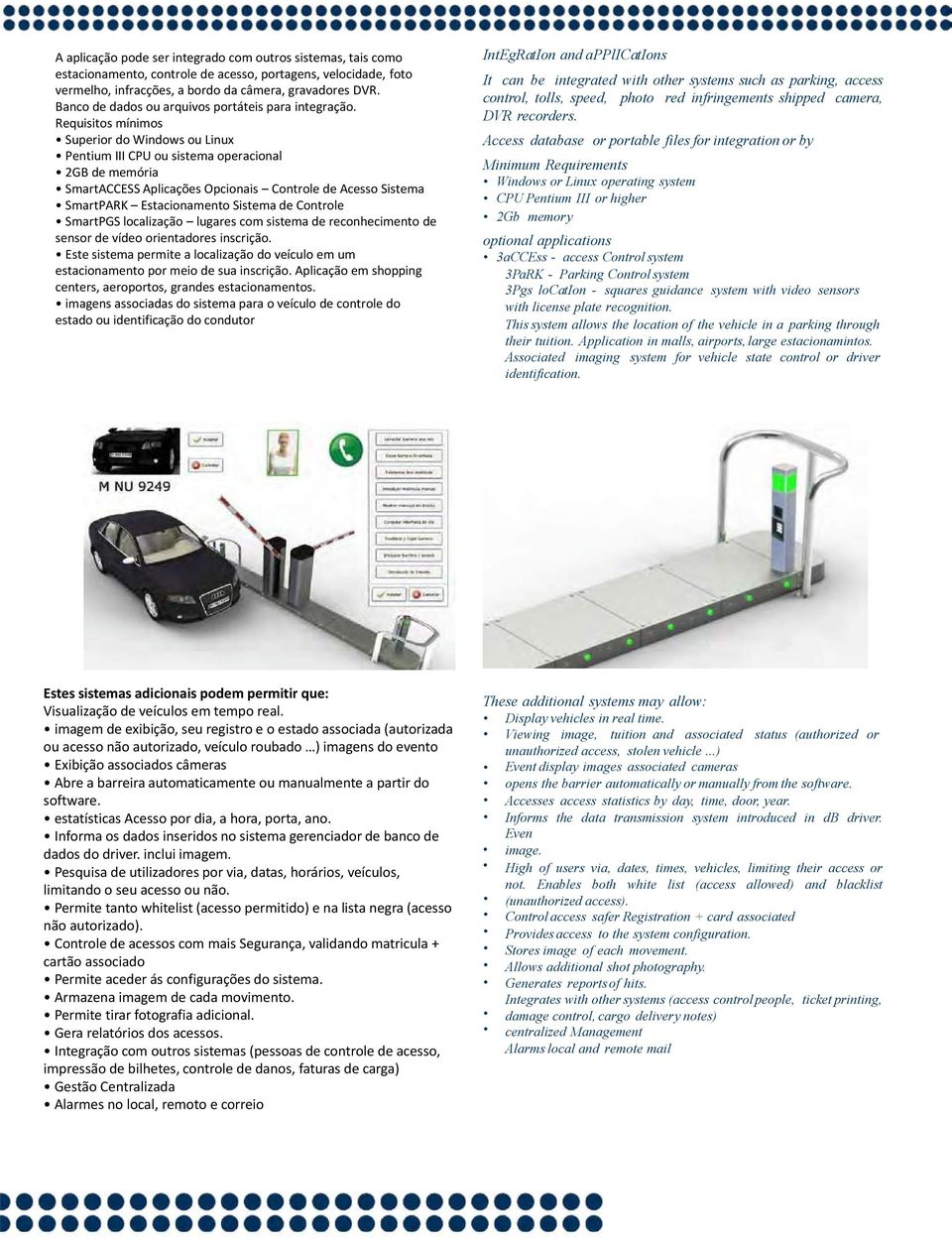 Requisitos mínimos Superior do Windows ou Linux Pentium III CPU ou sistema operacional 2GB de memória SmartACCESS Aplicações Opcionais Controle de Acesso Sistema SmartPARK Estacionamento Sistema de