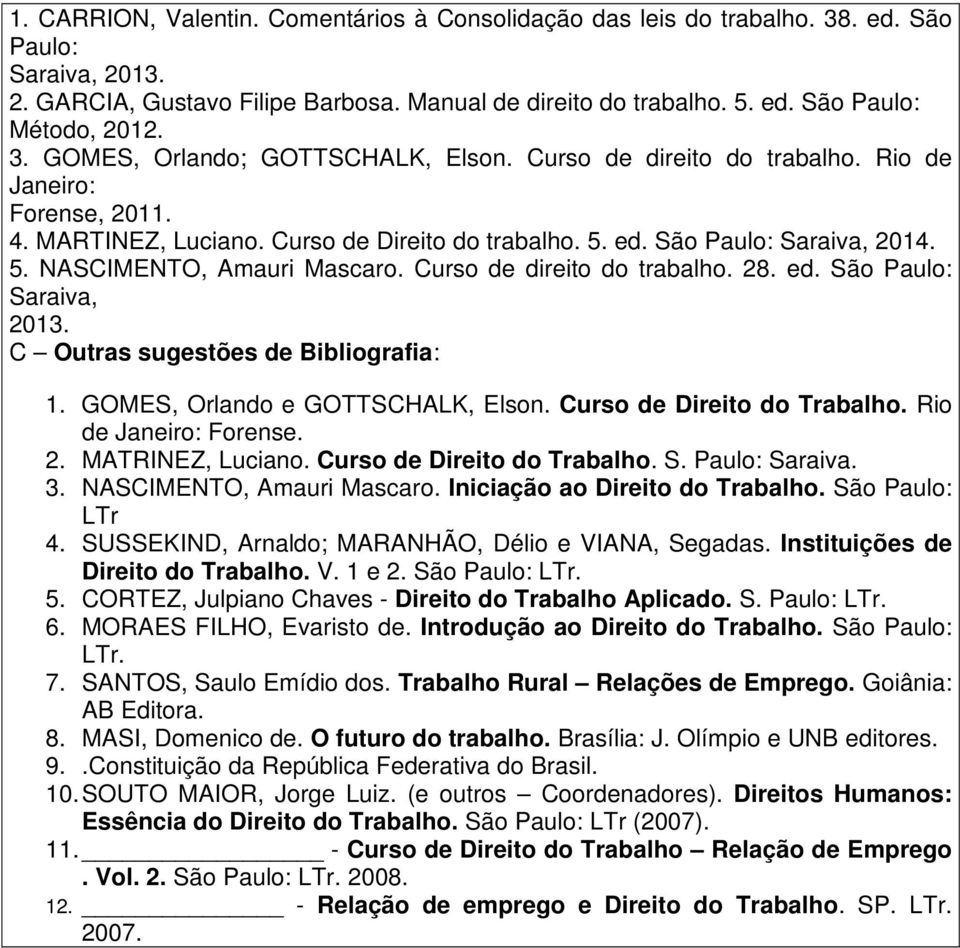 Curso de direito do trabalho. 28. ed. São Paulo: Saraiva, 2013. C Outras sugestões de Bibliografia: 1. GOMES, Orlando e GOTTSCHALK, Elson. Curso de Direito do Trabalho. Rio de Janeiro: Forense. 2. MATRINEZ, Luciano.