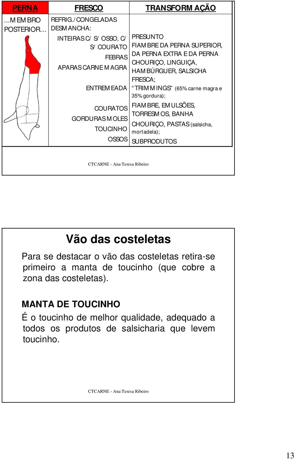 SUPERIOR, DA PERNA EXTRA E DA PERNA CHOURIÇO, LINGUIÇA, HAMBÚRGUER, SALSICHA FRESCA; TRIMMINGS (65% carne magra e 35% gordura); FIAMBRE, EMULSÕES, TORRESMOS, BANHA