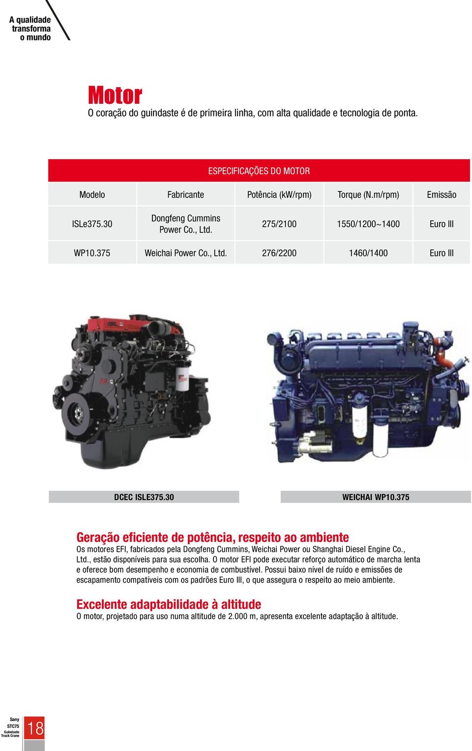 375 Geração eficiente de potência, respeito ao ambiente Os motores EFI, fabricados pela Dongfeng Cummins, Weichai Power ou Shanghai Diesel Engine Co., Ltd., estão disponíveis para sua escolha.