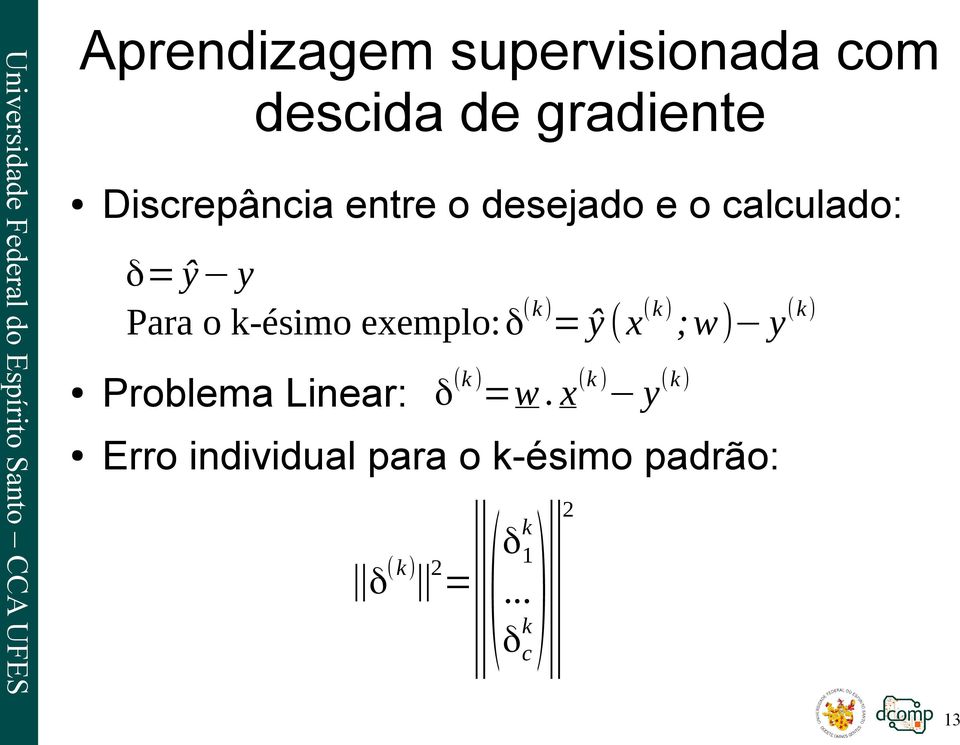 (k) = ŷ (x (k) ;w) y (k) Problema Linear: δ (k ) =w.