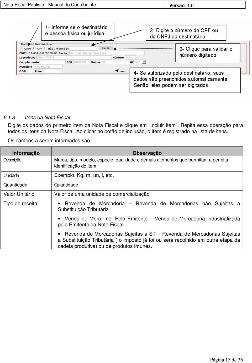 Os campos a serem informados são: Informação Descrição Unidade Quantidade Valor Unitário Tipo de receita Observação Marca, tipo, modelo, espécie, qualidade e demais elementos que permitam a perfeita