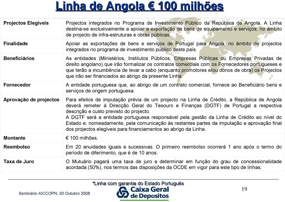 Finalidade Apoiar as exportações de bens e serviços de Portugal para Angola, no âmbito de projectos integrados no programa de investimento público deste país.