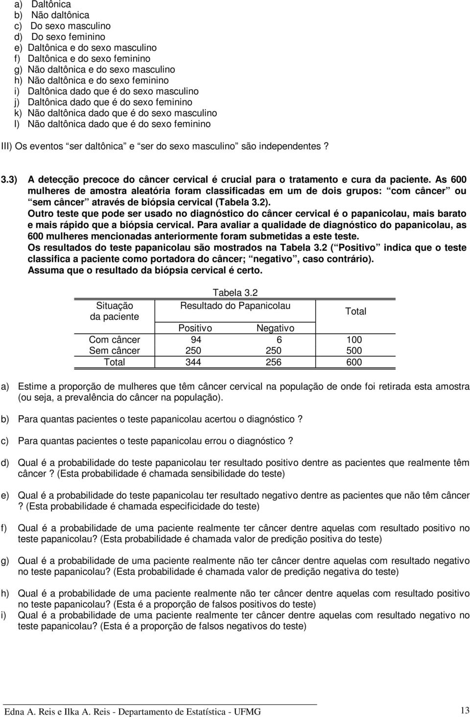 ser daltônica e ser do sexo masculino são independentes? 3.3) A detecção precoce do câncer cervical é crucial para o tratamento e cura da paciente.