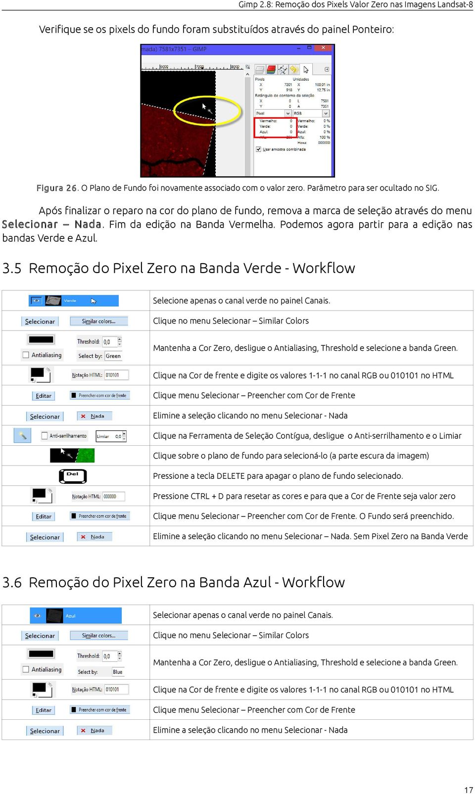 Podemos agora partir para a edição nas bandas Verde e Azul. 3.5 Remoção do Pixel Zero na Banda Verde - Workflow Selecione apenas o canal verde no painel Canais.