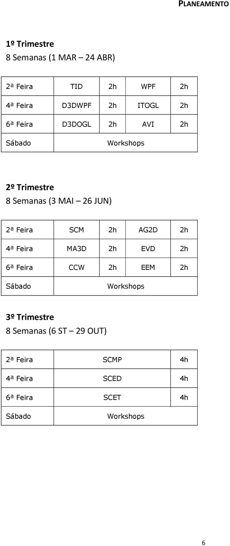 Feira SCM 2h AG2D 2h 4ª Feira MA3D 2h EVD 2h 6ª Feira CCW 2h EEM 2h Sábado Workshops 3º