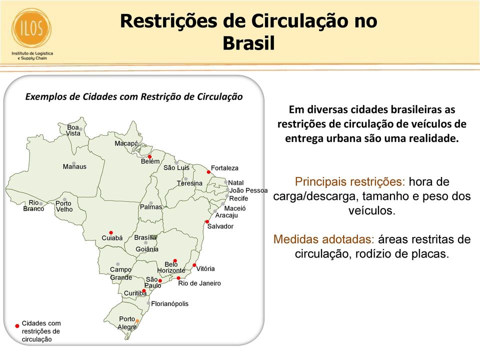 Rio Branco Manaus Porto Velho Belém São Luís Palmas Teresina Fortaleza Natal João Pessoa Recife Maceió Aracaju Principais restrições: hora de carga/descarga,