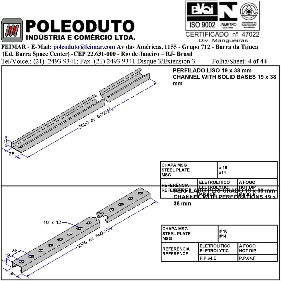 LISO 19 x 38 mm CHANNEL WITH SOLID BASES 19 x 38 mm CHAPA MSG STEEL PLATE MSG # 16 #14