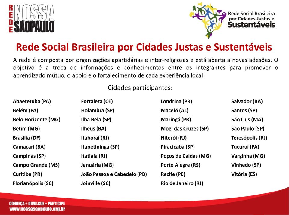 Cidades participantes: Abaetetuba (PA) Fortaleza (CE) Londrina (PR) Salvador (BA) Belém (PA) Holambra (SP) Maceió (AL) Santos (SP) Belo Horizonte (MG) Ilha Bela (SP) Maringá (PR) São Luis (MA) Betim