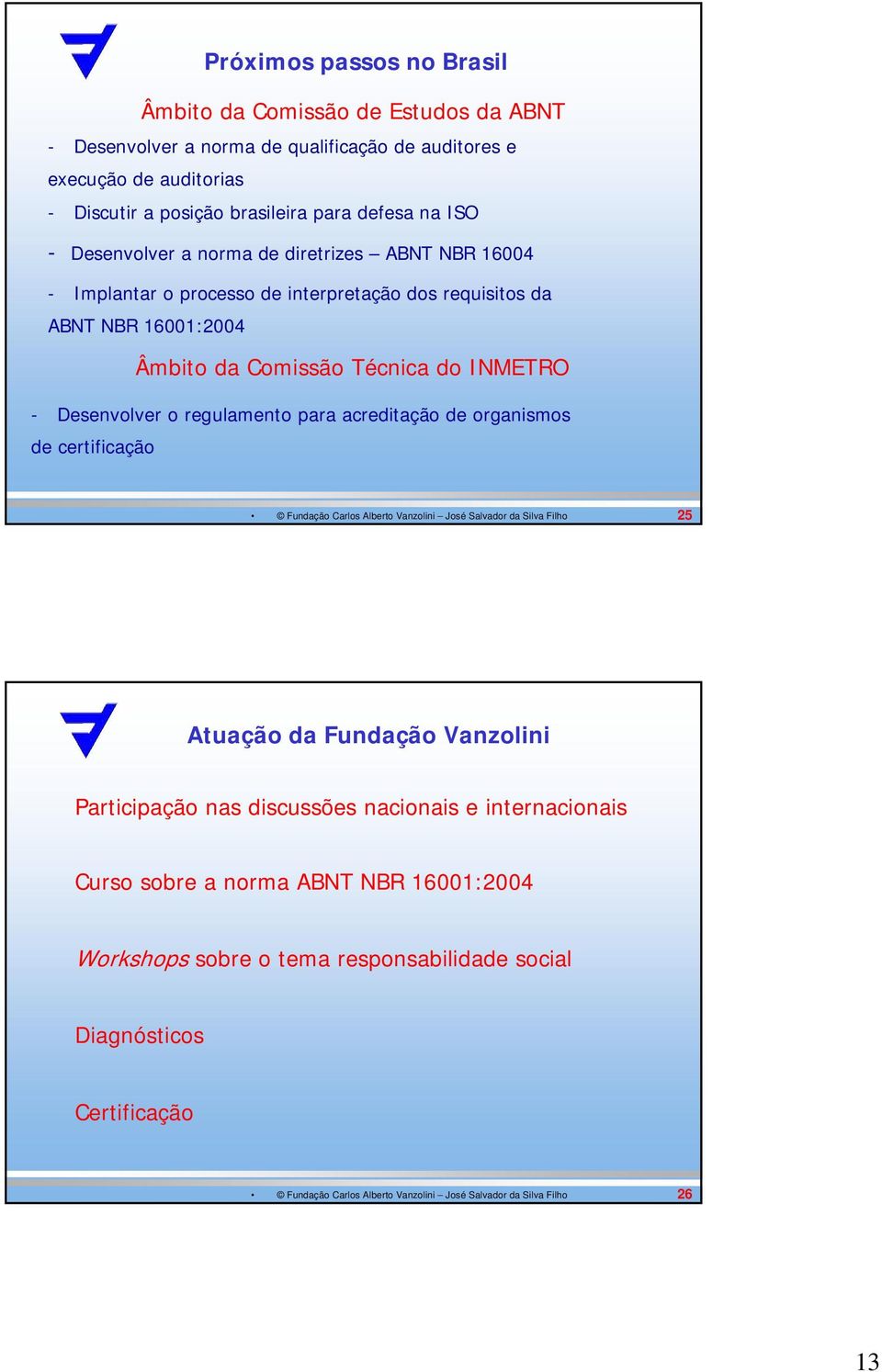 16001:2004 Âmbito da Comissão Técnica do INMETRO - Desenvolver o regulamento para acreditação de organismos de certificação 25 Atuação da Fundação Vanzolini