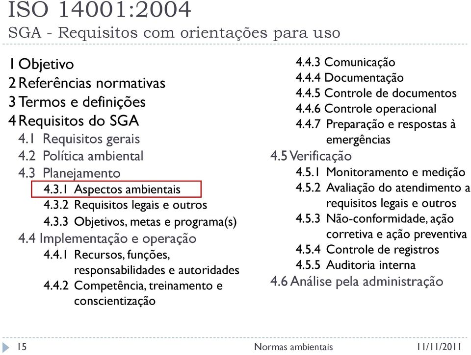 4.3 Comunicação 4.4.4 Documentação 4.4.5 Controle de documentos 4.4.6 Controle operacional 4.4.7 Preparação e respostas à emergências 4.5 Verificação 4.5.1 Monitoramento e medição 4.5.2 Avaliação do atendimento a requisitos legais e outros 4.