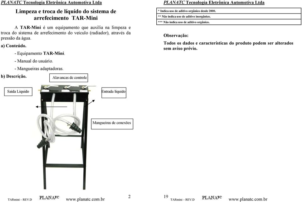 b) Descrição. Alavancas de controle * Indica uso de aditivo orgânico desde 2000. ** Não indica uso de aditivo inorgânico.