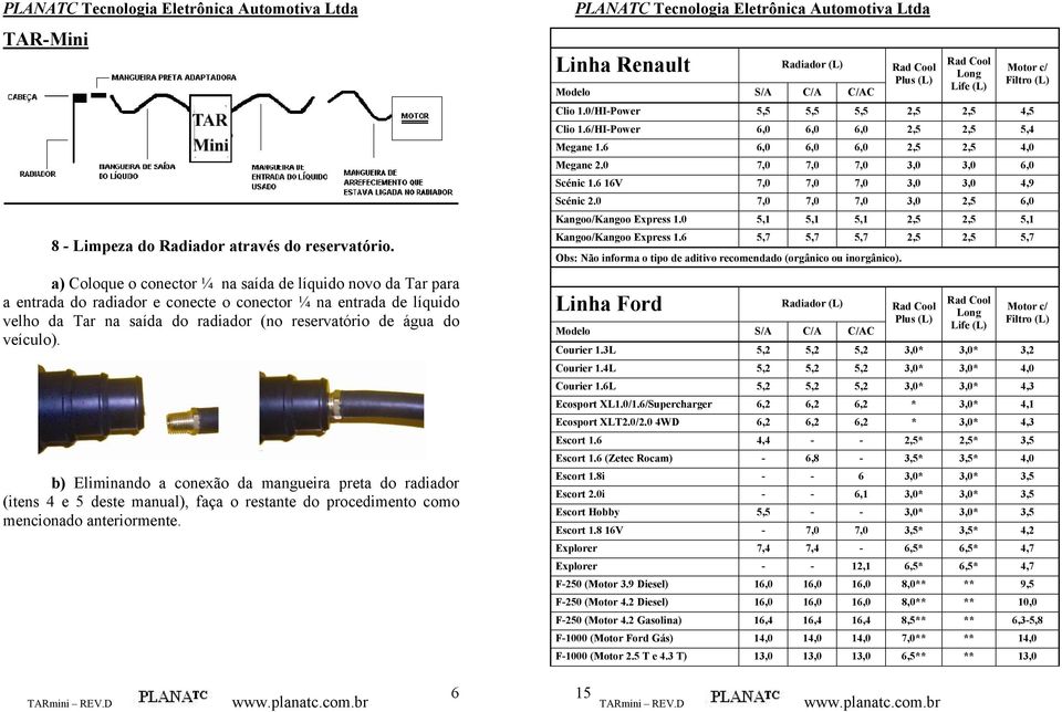 b) Eliminando a conexão da mangueira preta do radiador (itens 4 e 5 deste manual), faça o restante do procedimento como mencionado anteriormente. Linha Renault Clio 1.