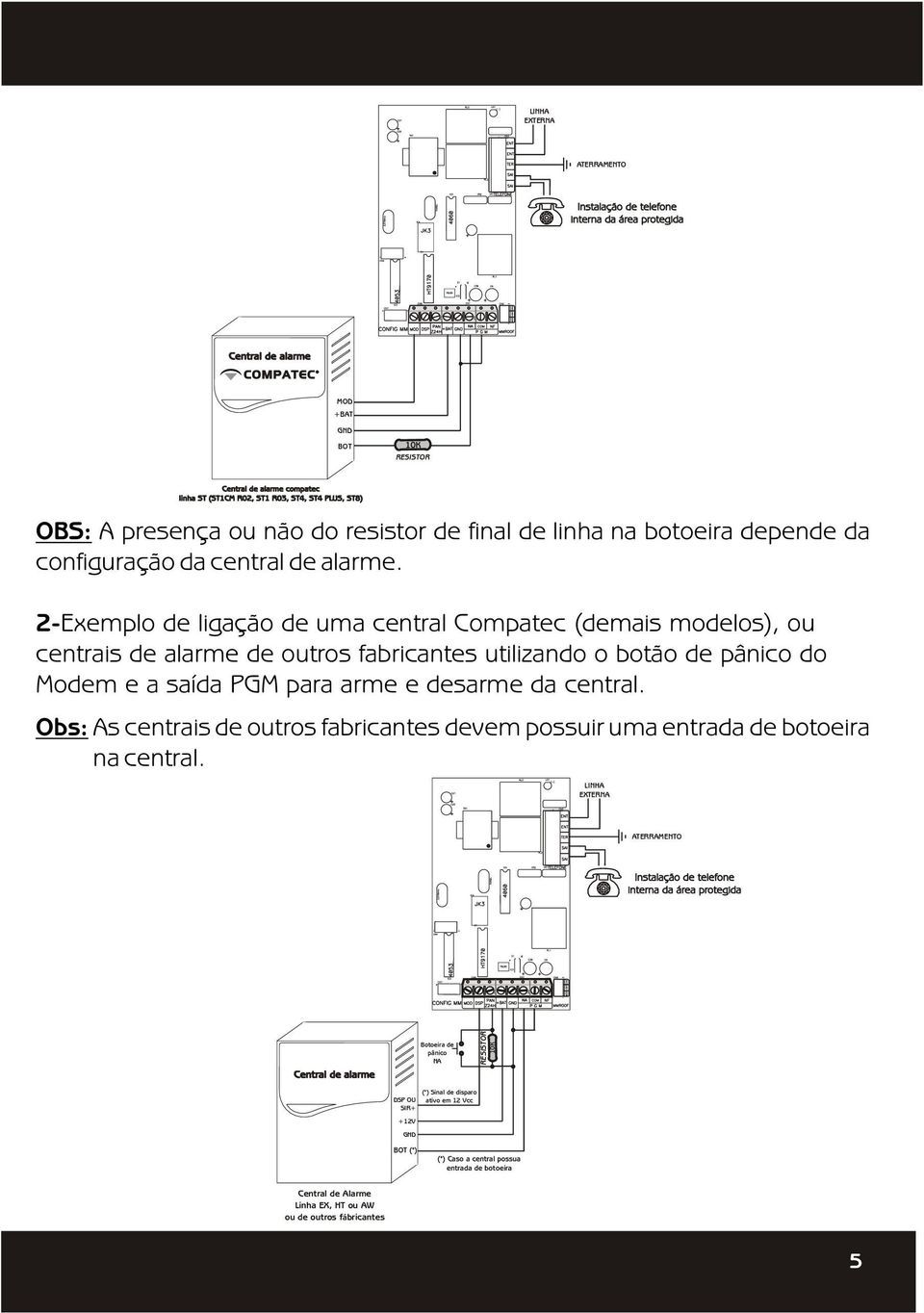 2-Exemplo de ligação de uma central Compatec (demais modelos), ou centrais de alarme de outros fabricantes utilizando o botão de pânico do Modem e a saída PGM para arme e desarme da central.