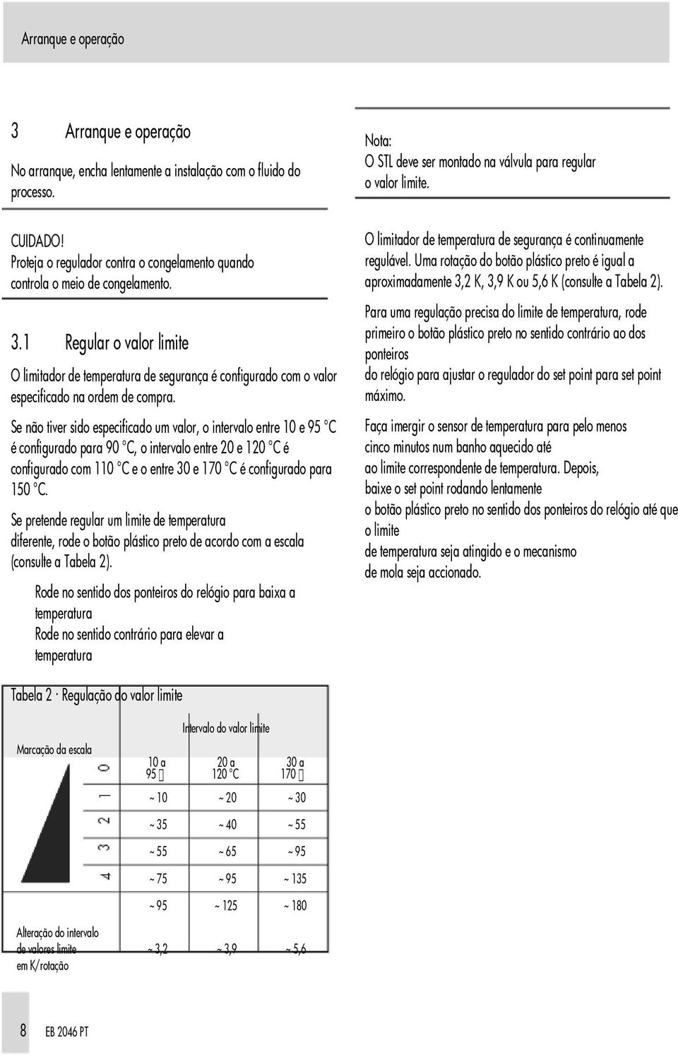 Se pretende regular um limite de temperatura diferente, rode o botão plástico preto de acordo com a escala (consulte a Tabela 2).