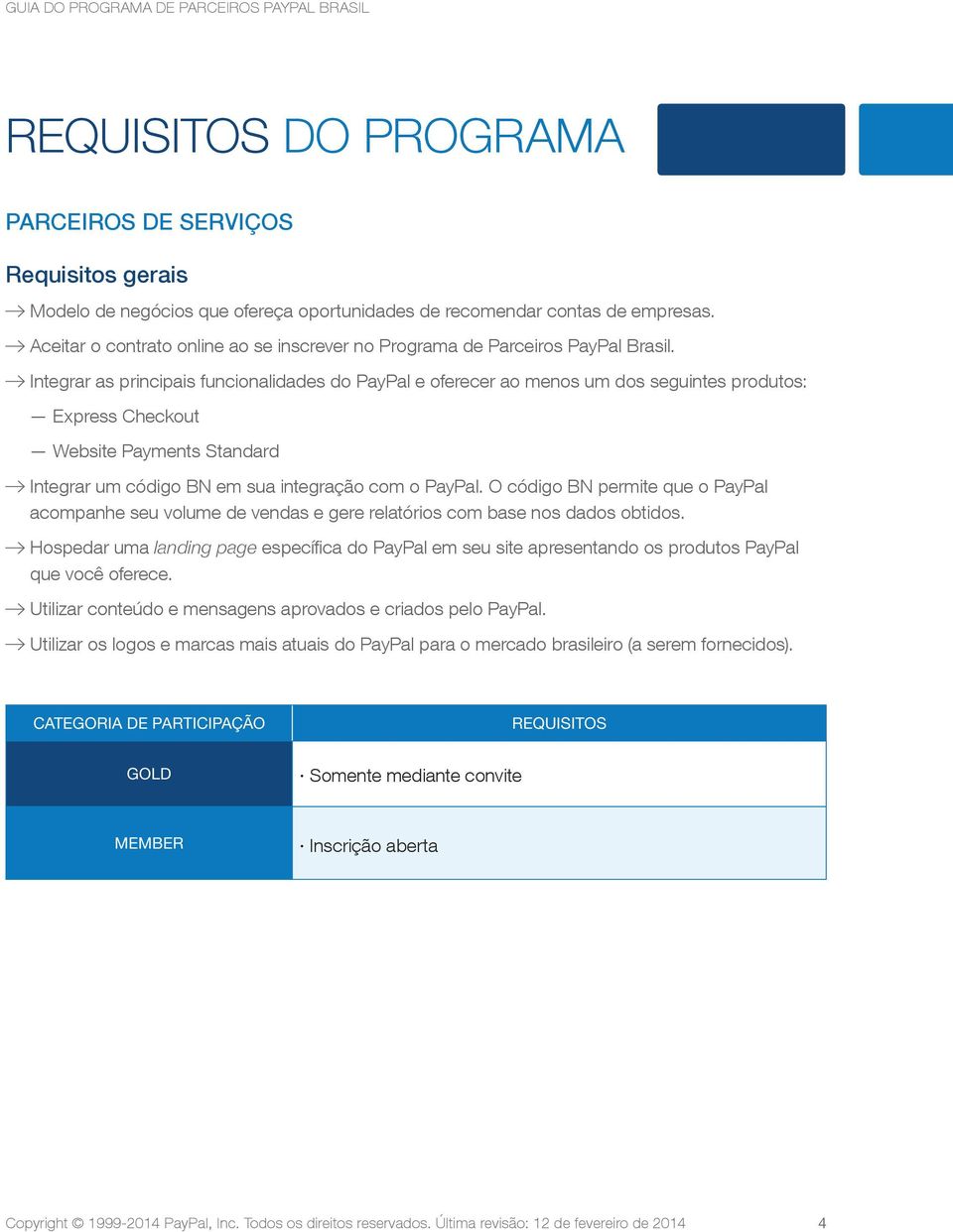 Integrar as principais funcionalidades do PayPal e oferecer ao menos um dos seguintes produtos: Express Checkout Website Payments Standard Integrar um código BN em sua integração com o PayPal.