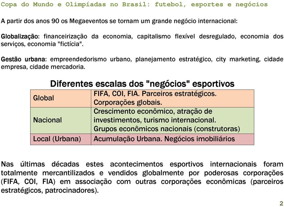 Global Nacional Diferentes escalas dos "negócios negócios" esportivos Local (Urbana) FIFA, COI, FIA. Parceiros estratégicos. Corporações globais.