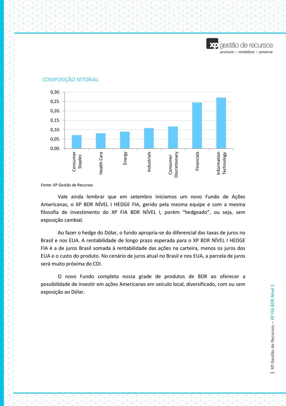 XP BDR NÍVEL I HEDGE FIA, gerido pela mesma equipe e com a mesma filosofia de investimento do XP FIA BDR NÍVEL I, porém hedgeado, ou seja, sem exposição cambial.