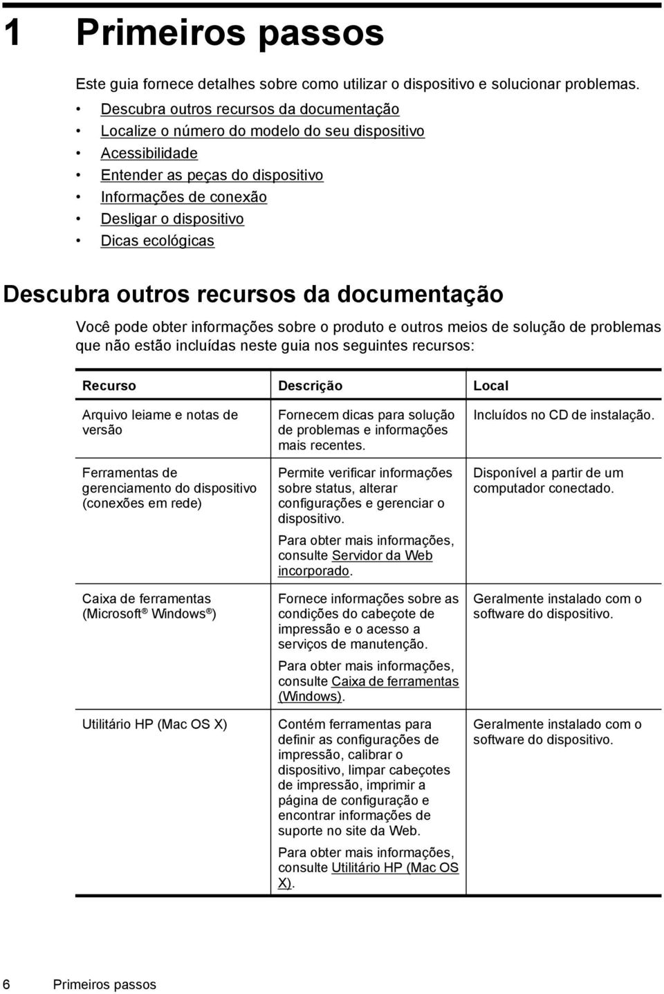 Descubra outros recursos da documentação Você pode obter informações sobre o produto e outros meios de solução de problemas que não estão incluídas neste guia nos seguintes recursos: Recurso