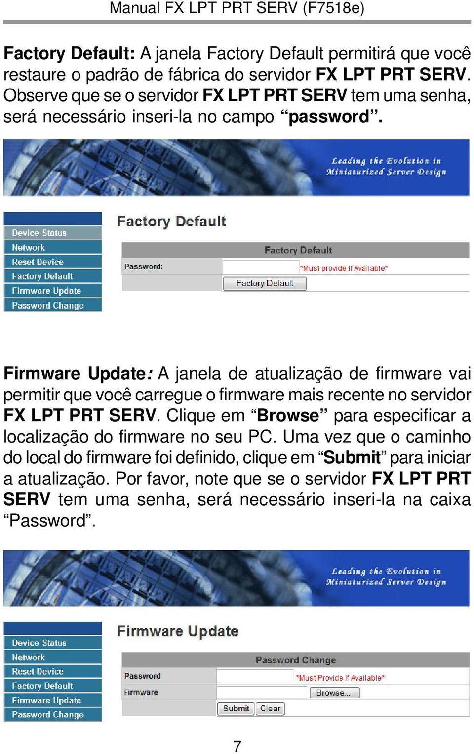 Firmware Update: A janela de atualização de firmware vai permitir que você carregue o firmware mais recente no servidor FX LPT PRT SERV.