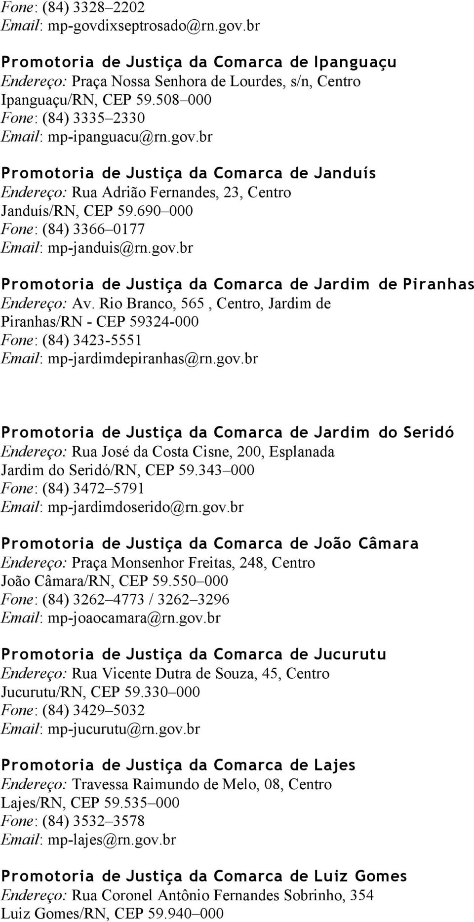 690 000 Fone: (84) 3366 0177 Email: mp-janduis@rn.gov.br Promotoria de Justiça da Comarca de Jardim de Piranhas Endereço: Av.