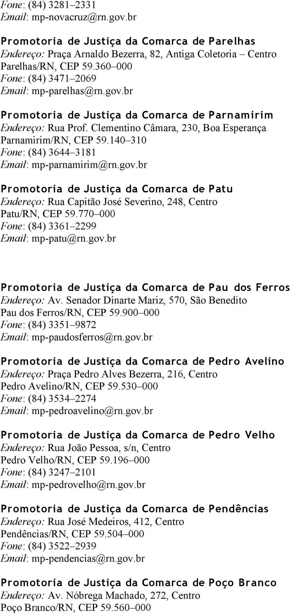 140 310 Fone: (84) 3644 3181 Email: mp-parnamirim@rn.gov.br Promotoria de Justiça da Comarca de Patu Endereço: Rua Capitão José Severino, 248, Centro Patu/RN, CEP 59.