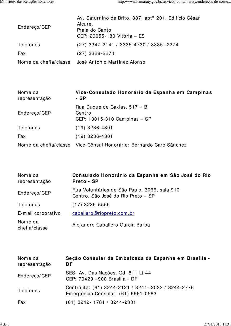 Telefones (19) 3236-4301 Fax (19) 3236-4301 Vice-Consulado Honorário da Espanha em Campinas - SP Rua Duque de Caxias, 517 B Centro CEP: 13015-310 Campinas SP Vice-Cônsul Honorário: Bernardo Caro