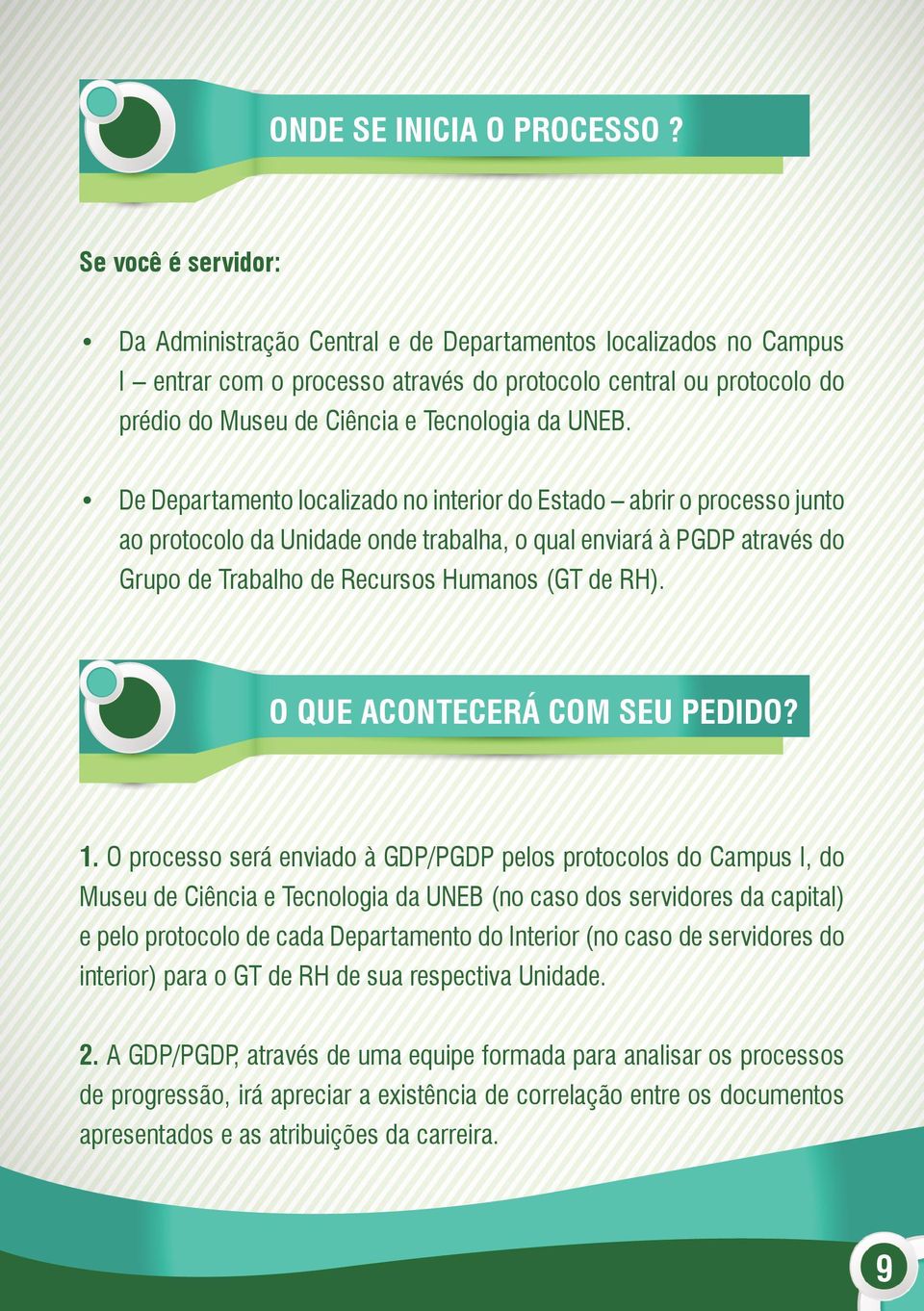 UNEB. De Departamento localizado no interior do Estado abrir o processo junto ao protocolo da Unidade onde trabalha, o qual enviará à PGDP através do Grupo de Trabalho de Recursos Humanos (GT de RH).