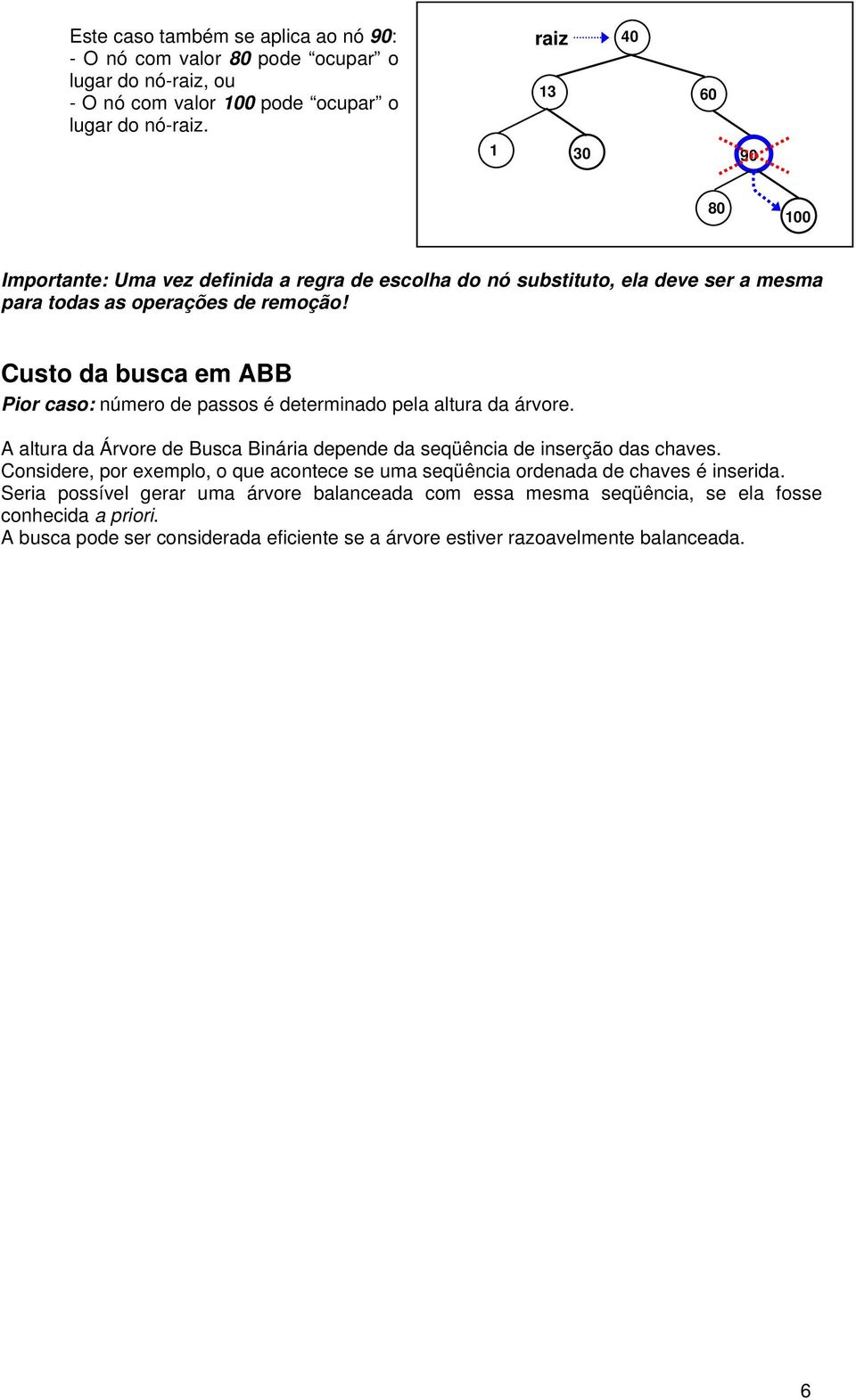 Custo da busca em ABB Pior caso: número de passos é determinado pela altura da árvore. A altura da Árvore de Busca Binária depende da seqüência de inserção das chaves.