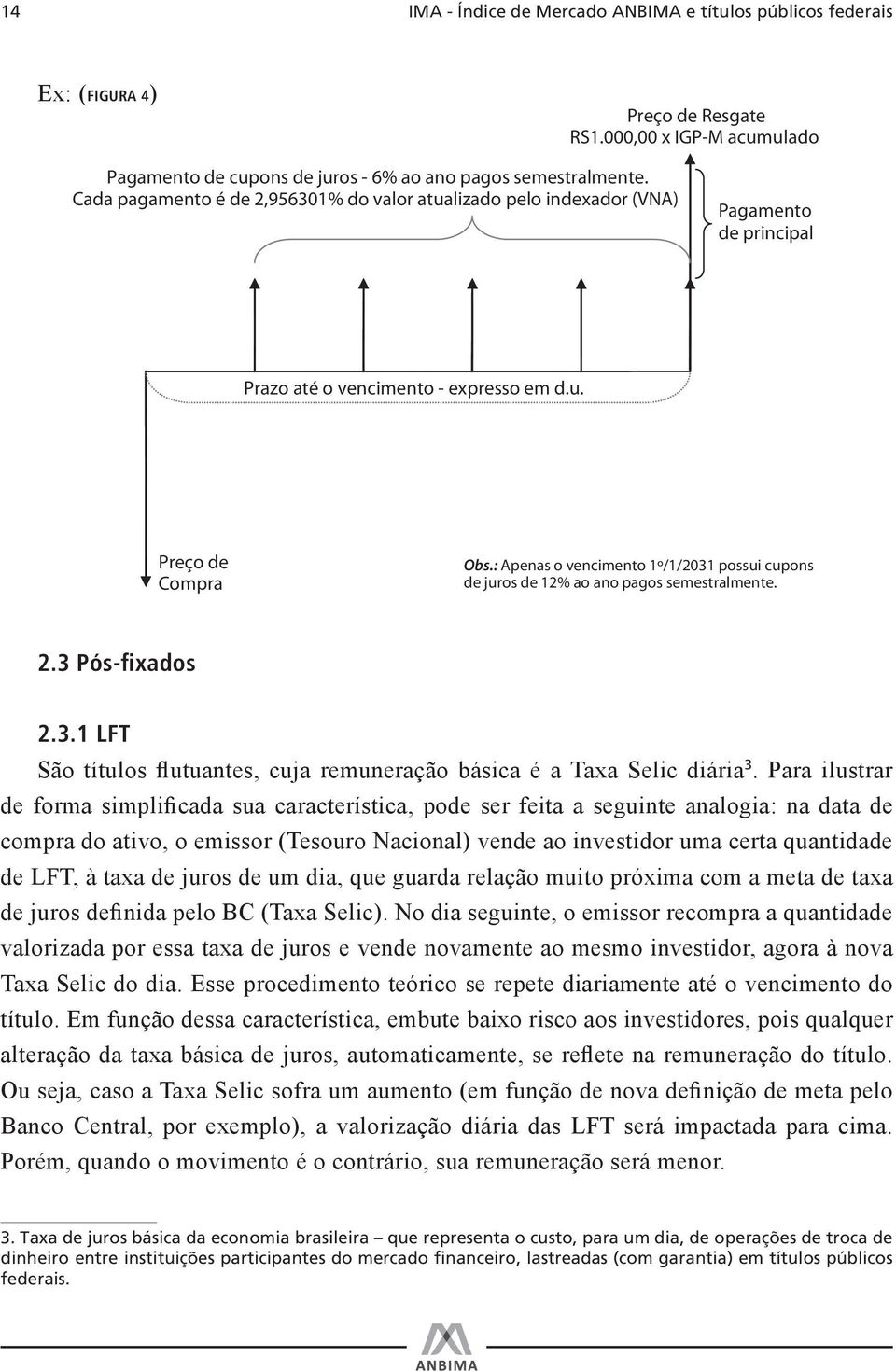 : Apenas o vencimento 1º/1/2031 possui cupons de juros de 12% ao ano pagos semestralmente. 2.3 Pós-fixados 2.3.1 LFT São títulos flutuantes, cuja remuneração básica é a Taxa Selic diária.