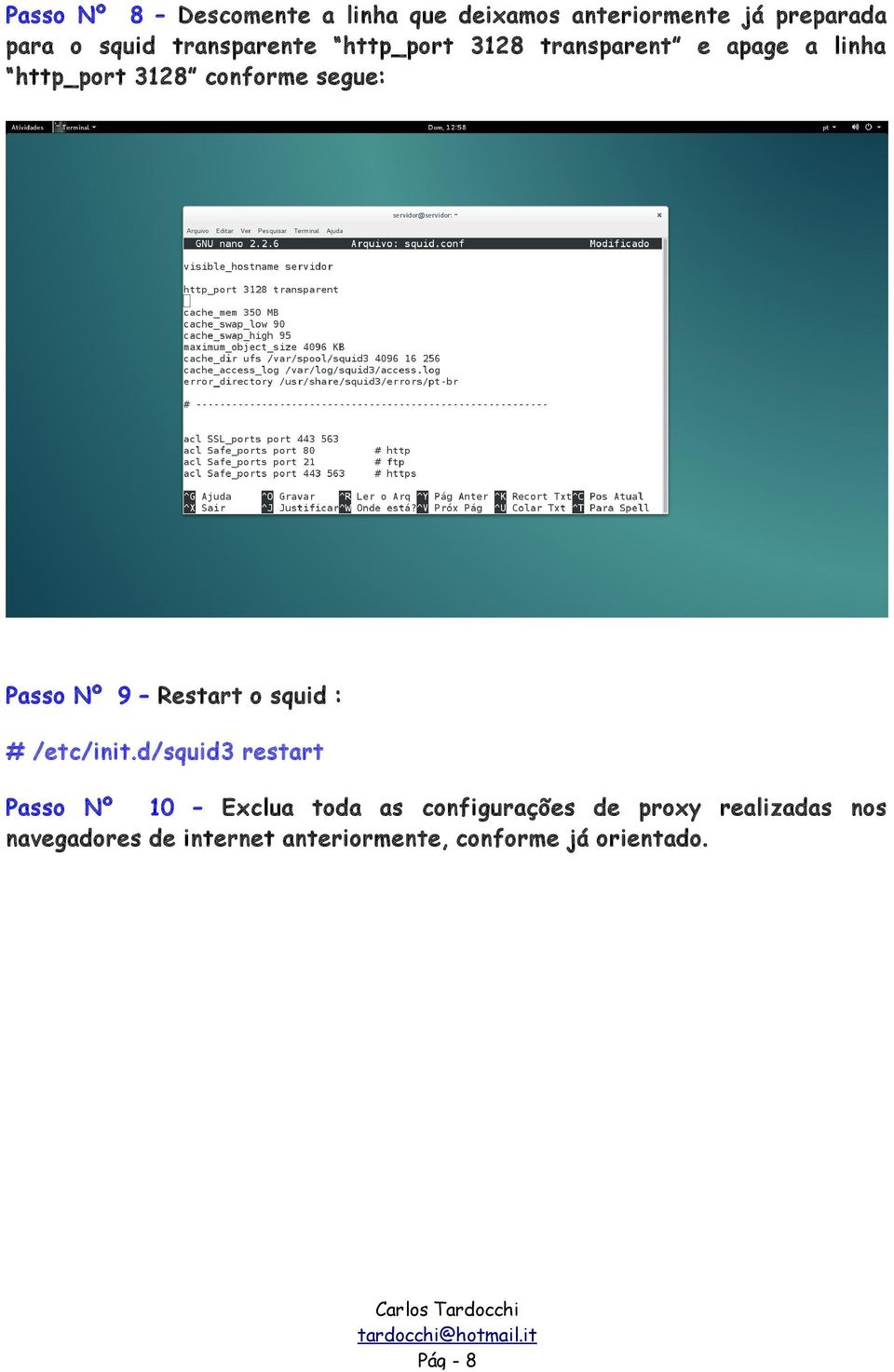 Passo Nº 9 Restart o squid : # /etc/init.