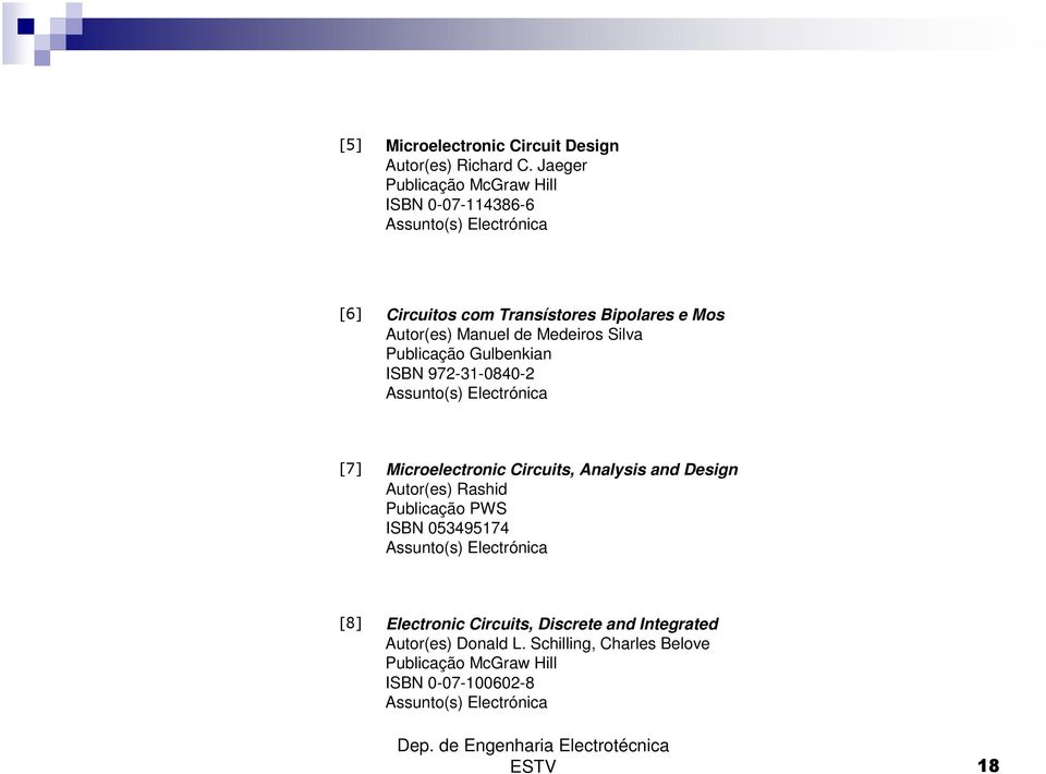Medeiros Silva Publicação Gulbenkian ISBN 972-31-0840-2 Assunto(s) Electrónica Microelectronic Circuits, Analysis and Design Autor(es)