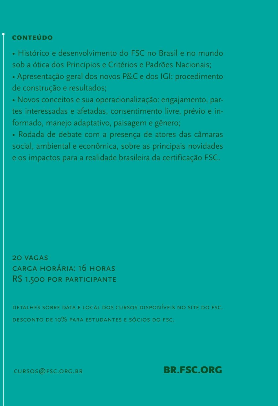 gênero; Rodada de debate com a presença de atores das câmaras social, ambiental e econômica, sobre as principais novidades e os impactos para a realidade brasileira da certificação FSC.