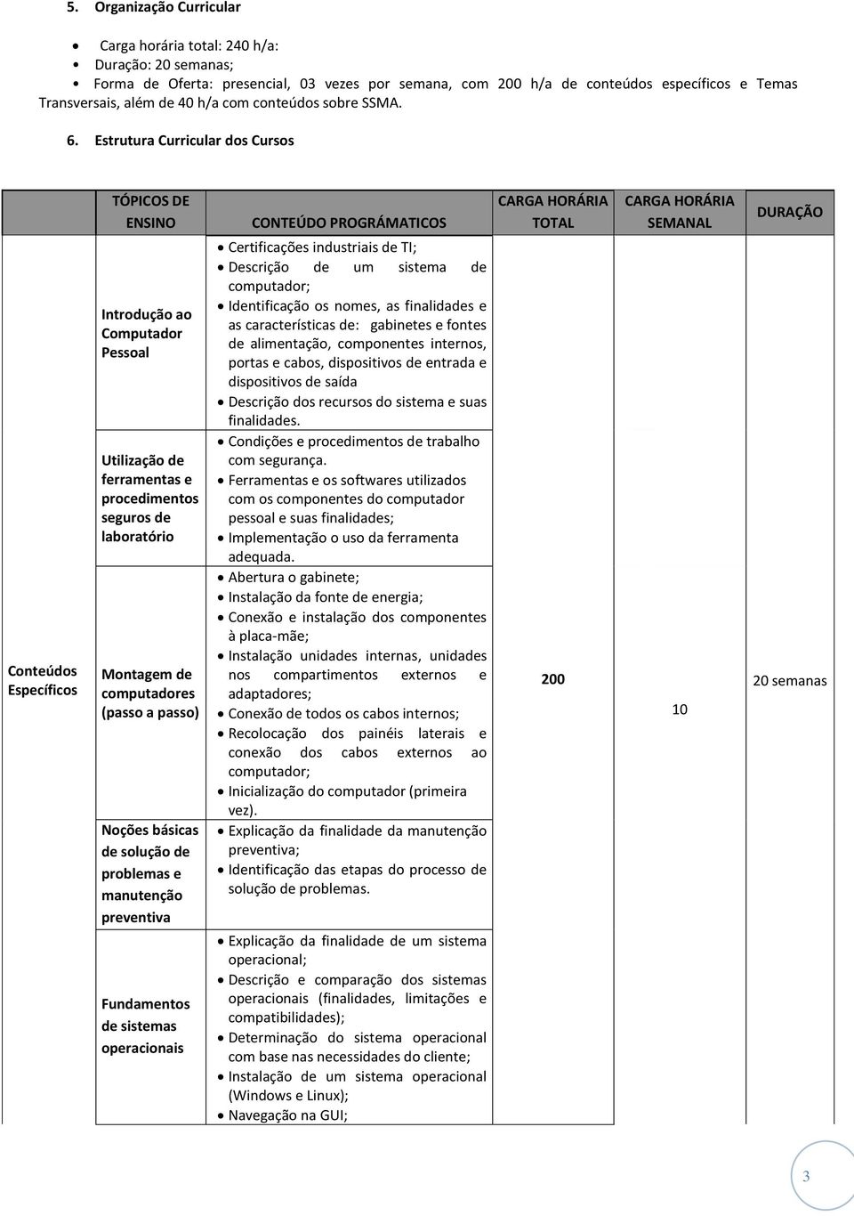 Estrutura Curricular dos Cursos Conteúdos Específicos TÓPICOS DE ENSINO Introdução ao Computador Pessoal Utilização de ferramentas e procedimentos seguros de laboratório Montagem de computadores