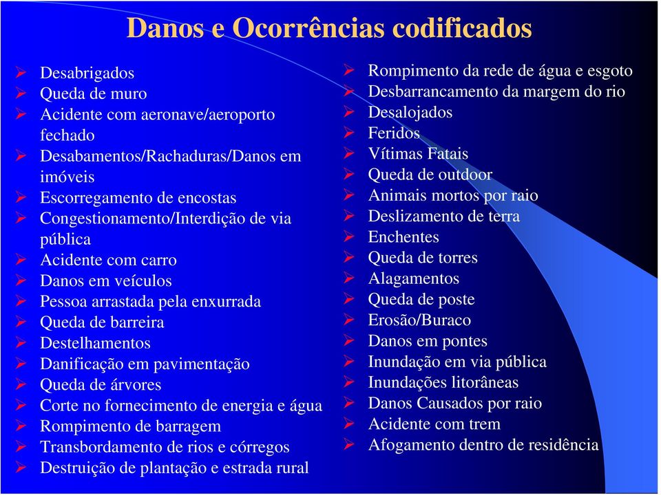 Rompimento de barragem Transbordamento de rios e córregos Destruição de plantação e estrada rural Rompimento da rede de água e esgoto Desbarrancamento da margem do rio Desalojados Feridos Vítimas