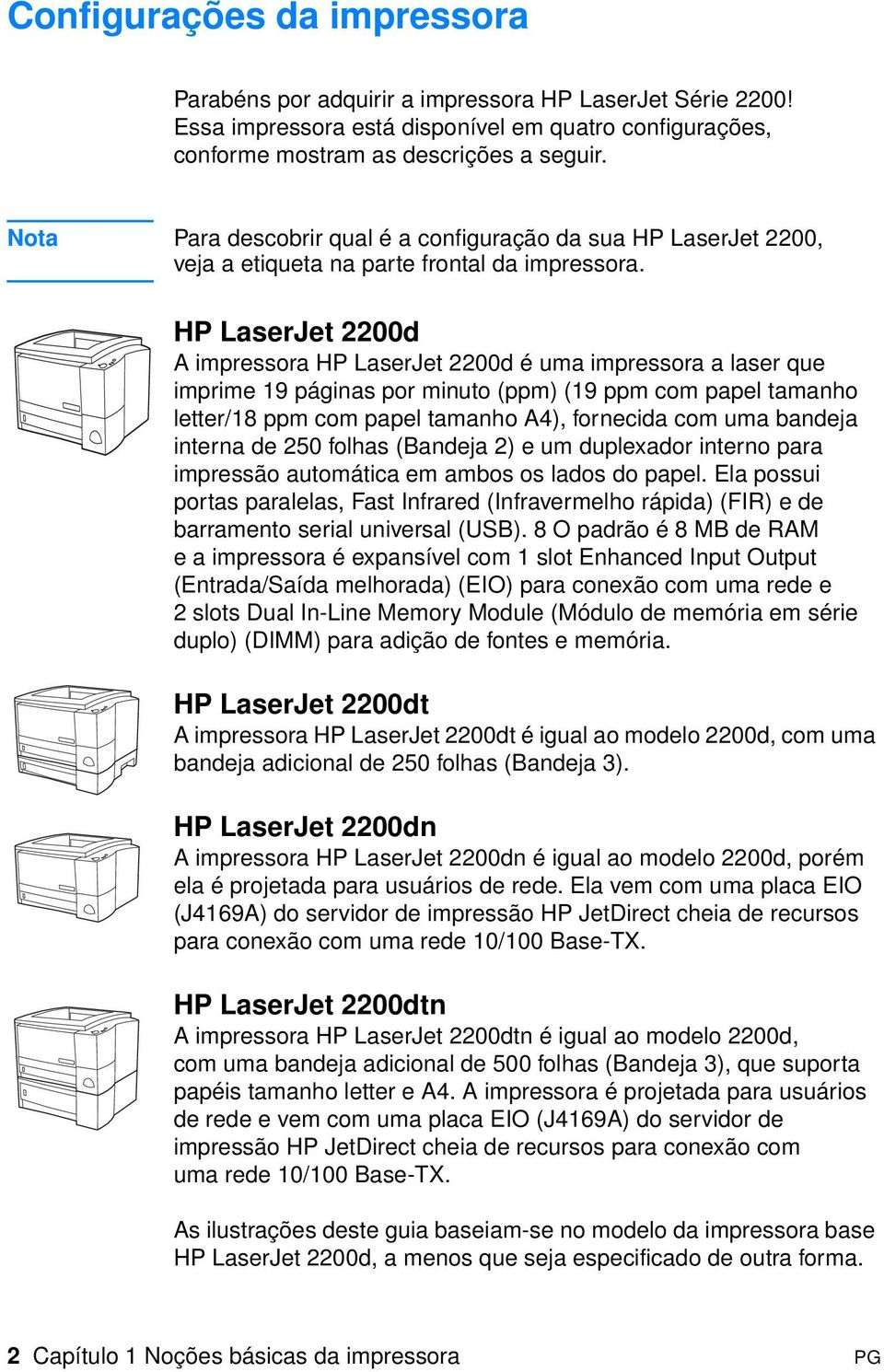 HP LaserJet 2200d A impressora HP LaserJet 2200d é uma impressora a laser que imprime 19 páginas por minuto (ppm) (19 ppm com papel tamanho letter/18 ppm com papel tamanho A4), fornecida com uma