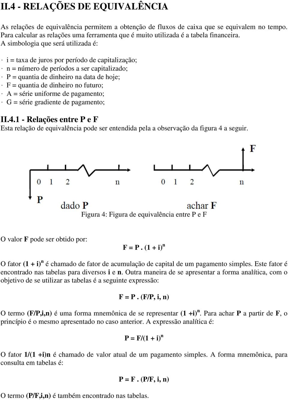 A simbologia que será utilizada é: i = taxa de juros por período de capitalização; n = número de períodos a ser capitalizado; P = quantia de dinheiro na data de hoje; F = quantia de dinheiro no