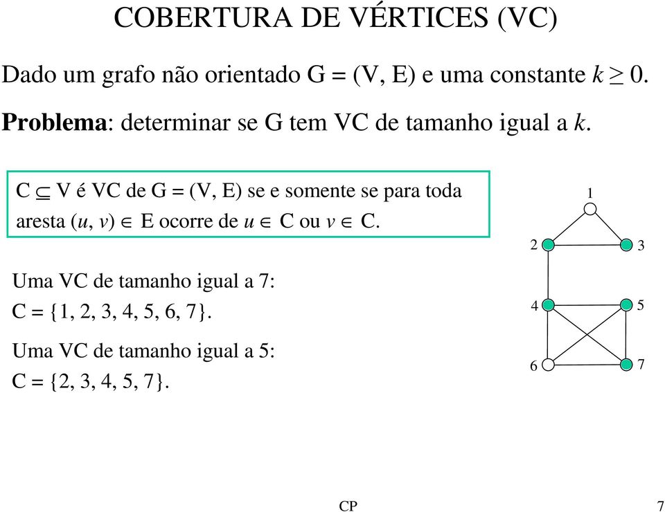 C V é VC de G = (V, E) se e somente se para toda aresta (u, v) E ocorre de u C ou v C.