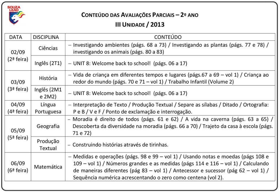 70 e 71 vol 1) / Trabalho Infantil (Volume 2) UNIT 8: Welcome back to school! (págs.