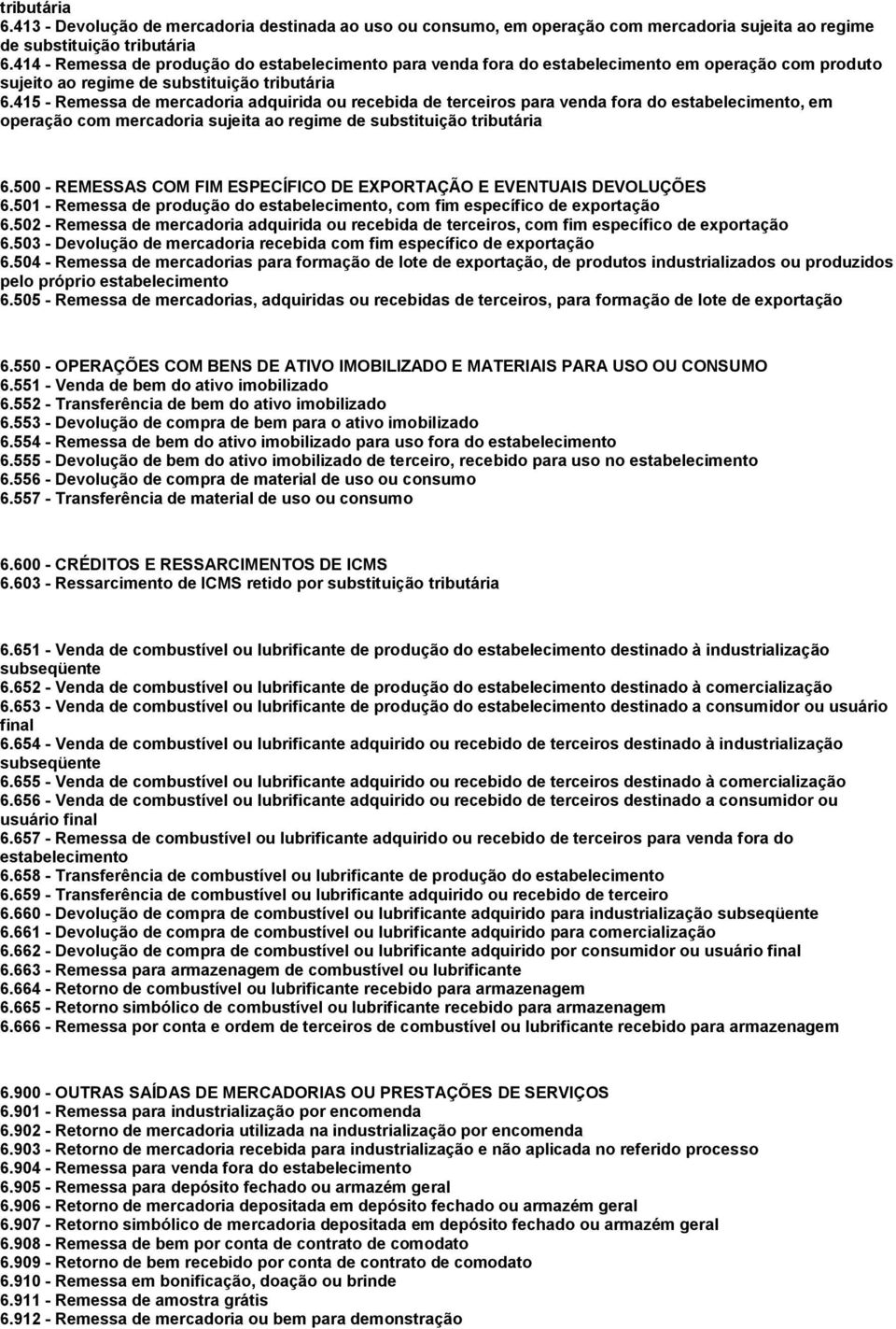 415 - Remessa de mercadoria adquirida ou recebida de terceiros para venda fora do estabelecimento, em operação com mercadoria sujeita ao regime de substituição tributária 6.