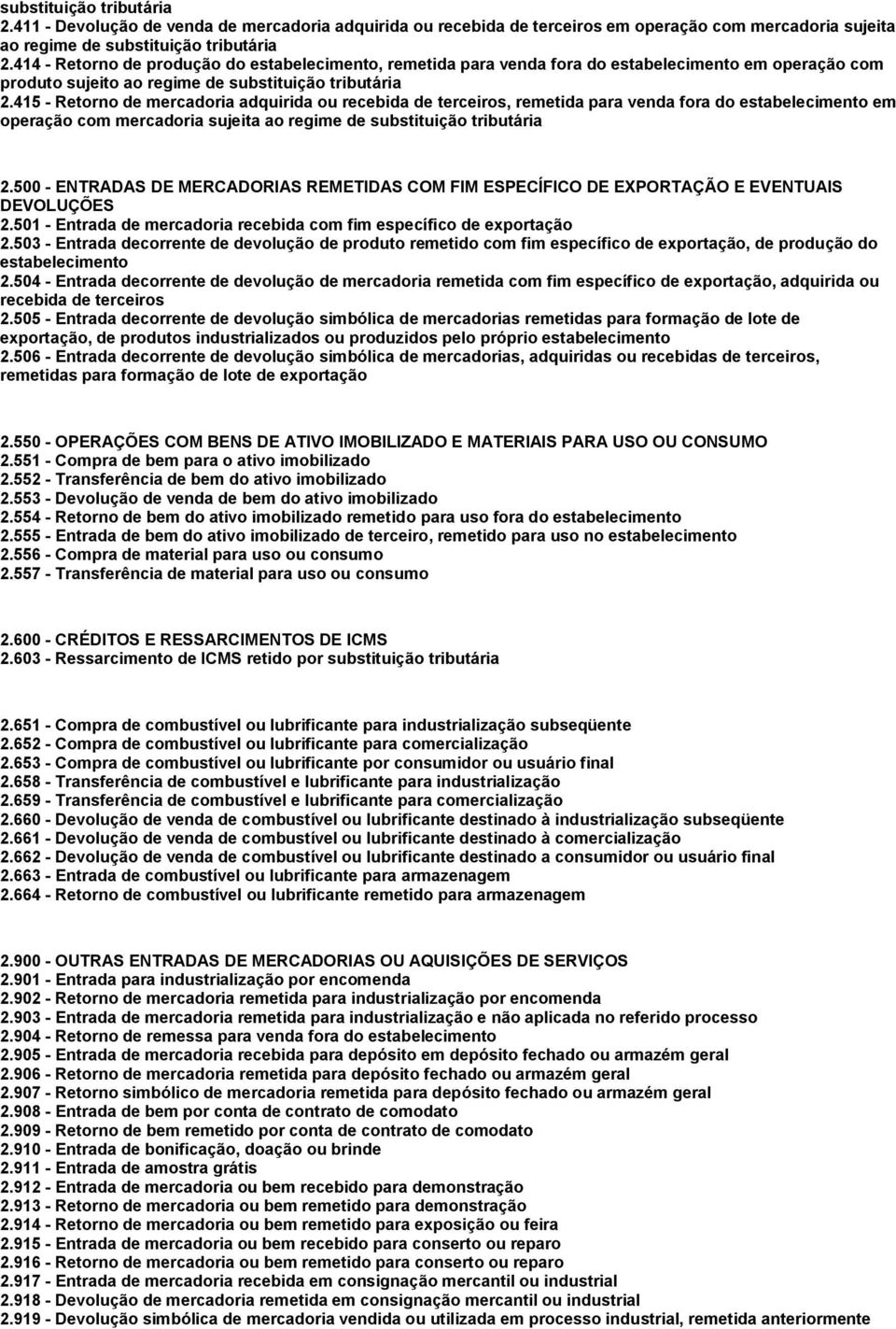 415 - Retorno de mercadoria adquirida ou recebida de terceiros, remetida para venda fora do estabelecimento em operação com mercadoria sujeita ao regime de substituição tributária 2.