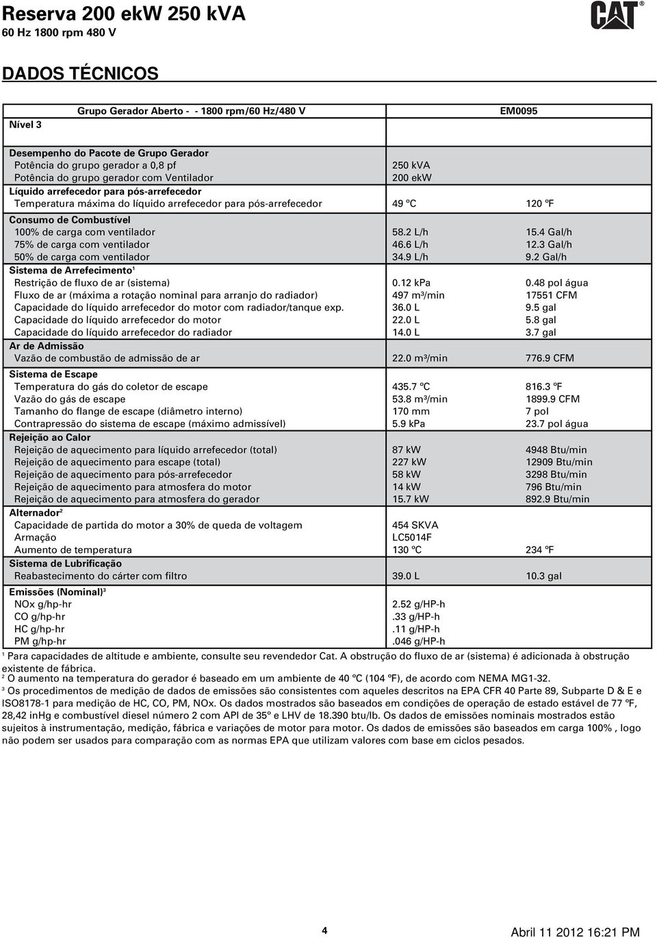 ventilador 50% de carga com ventilador Sistema de Arrefecimento 1 Restrição de fluxo de ar (sistema) Fluxo de ar (máxima a rotação nominal para arranjo do radiador) Capacidade do líquido arrefecedor